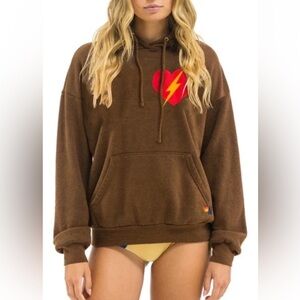 Aviator Nation Bolt Heart Relaxed Pullover Hoodie Chocolate Unisex (M)